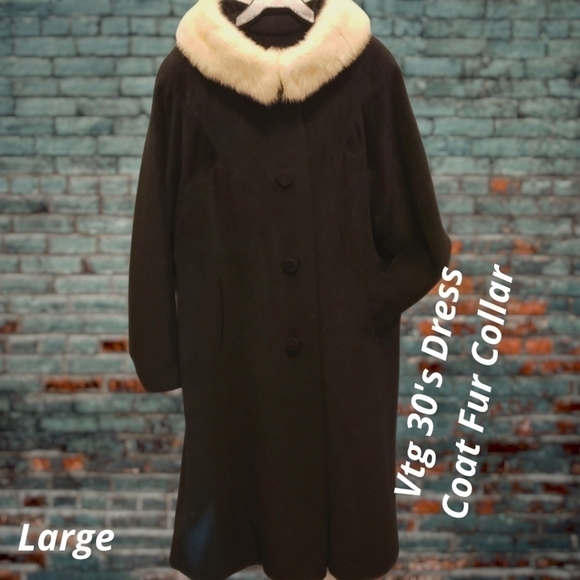 VINTAGE 1930s Wool Felted Wool Coat & Fur Collar Lg Black & White EUC - Picture 1 of 16